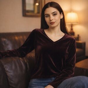 NAPA VALLEY Petites Burgundy Velvet Beaded V-Neck Top‎ 90s Y2K Vintage PM